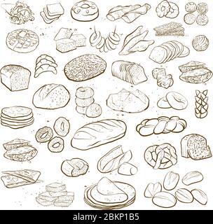 Outline Version von Big Collection von Hand gezeichnetes Brot isoliert auf weißem Hintergrund mit verschiedenen europäischen und amerikanischen Brotsorten. Backwaren ve Stock Vektor