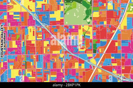 Bunte Vektorkarte von Fountain Valley, Kalifornien, USA. Art Map Vorlage für selbstdruckende Wandkunst im Querformat. Stock Vektor