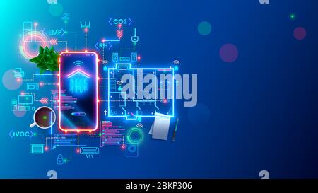 Entwicklung Smart Home und IOT-System. Einrichtung und Konfiguration Arbeitsszenarien Internet der Dinge im Haus. Engineering und Programmierung von App Stock Vektor