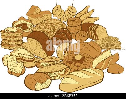 Riesige Menge von farbigen Skizzen von Backwaren mit vielen Arten von Brot auf weißem Hintergrund auf weißem Hintergrund. Stock Vektor