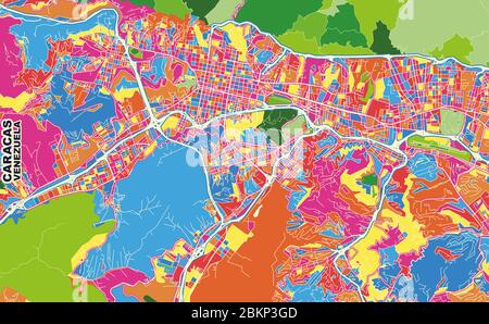 Bunte Vektorkarte von Caracas, Venezuela. Art Map Vorlage für selbstdruckende Wandkunst im Querformat. Stock Vektor