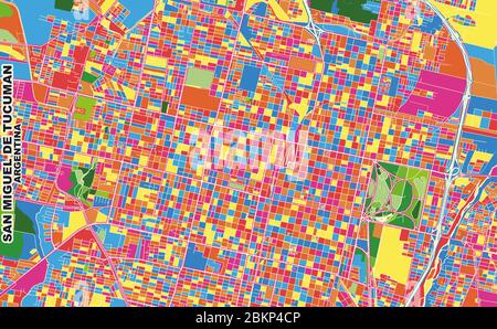 Bunte Vektorkarte von San Miguel de Tucuman, Argentinien. Art Map Vorlage für selbstdruckende Wandkunst im Querformat. Stock Vektor