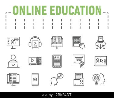 Online Education Linie Icon Set, Abstand lernen Symbole Sammlung, Vektor-Skizzen, Logo Illustrationen, Online-Lernen Symbole, Bildung Zeichen Stock Vektor