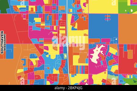 Bunte Vektorkarte von Southaven, Mississippi, Vereinigte Staaten von Amerika. Art Map Vorlage für selbstdruckende Wandkunst im Querformat. Stock Vektor