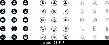 Satz von modernen Vektor-Business-Icons in verschiedenen Stilen isoliert auf weißem Hintergrund. Symbol für Standort, E-Mail, Telefon, Website. Clipart für Unternehmen Stock Vektor