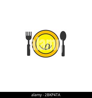 Teller mit Zunge heraus, Gabel und Löffel, köstliche Lebensmittel-Ikone, Logo-Element eines Cafés, Restaurant, Vektor-Illustration Stock Vektor