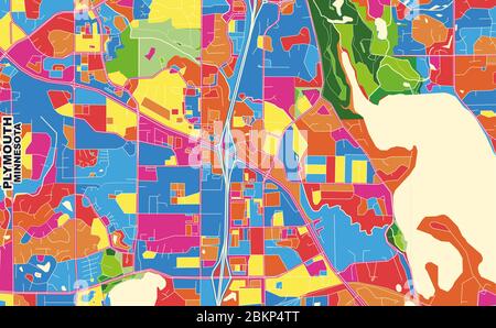 Bunte Vektorkarte von Plymouth, Minnesota, USA. Art Map Vorlage für selbstdruckende Wandkunst im Querformat. Stock Vektor