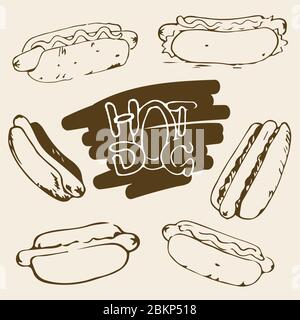 Handgezeichnete Abbildungen von Hot Dog. Fast-Food-Designelemente, Skizzen von Hotdogs mit Sauce und Mayonnaise. Monochrome EPS8-Vektorgrafiken. Stock Vektor