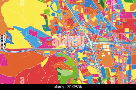 Bunte Vektorkarte von Dublin, Kalifornien, USA. Art Map Vorlage für selbstdruckende Wandkunst im Querformat. Stock Vektor