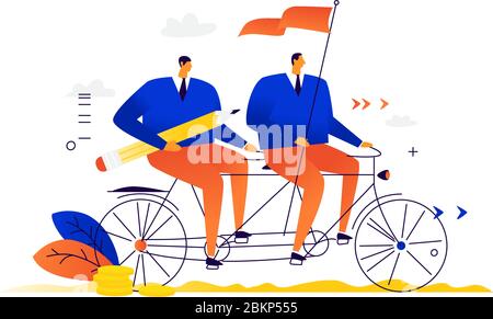 Geschäftsleute fahren ein Tandem Fahrrad. Vektor. Freundliches Team von Geschäftspartnern. Partnerschaften zwischen Menschen. Der Anführer mit der Flagge führt das Team zu Stock Vektor