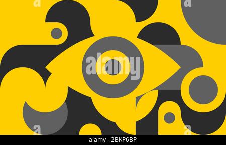 Gelber Hintergrund im bauhaus-Stil mit Auge, Kurven und Kreisen, Vektorgrafik Stock Vektor