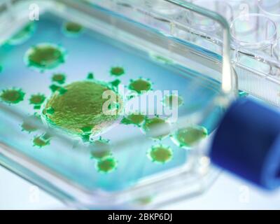 Pharmazeutische Forschung zu Krankheiten und Pandemien. Makroansicht eines 3D-Bildes eines Virus, der in einem Zellglas enthalten ist. Stockfoto