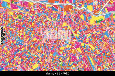 Bunte Vektorkarte von Sao Paulo, Brasilien. Art Map Vorlage für selbstdruckende Wandkunst im Querformat. Stock Vektor