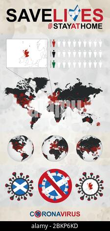 Infografik über Coronavirus in Schottland - zu Hause bleiben, Leben retten. Schottland Flagge und Karte, Weltkarte mit COVID-19 Fällen. Stock Vektor