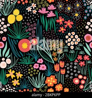 Doodle Blume Wiese nahtlose Vektor Kinder Muster. Wiederholende helle Linie Art Blumen auf schwarzem Hintergrund. Verwenden Sie für Stoff, Tapete, Kinder Dekor Stock Vektor