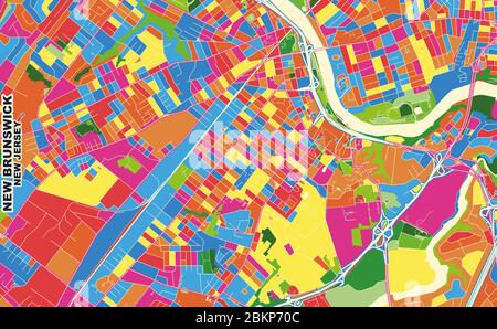 Bunte Vektorkarte von New Brunswick, New Jersey, USA. Art Map Vorlage für selbstdruckende Wandkunst im Querformat. Stock Vektor