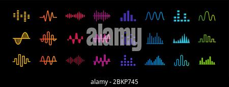 Set von Musik Equalizer Symbole, Schallwellen Linien, Frequenz und Chart Bar Symbole Sammlung, Herzpuls medizinischen Zeichen, Vektor-Illustration Stock Vektor