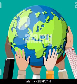 Hände greifen nach der Erde. Verschiedene Hautfarbe Menschen zusammen halten Planeten. Toleranz, Rassengleichheit, menschliche Vielfalt, Klimawandel, globale Erwärmung, ökologisches Konzept. Abbildung flacher Vektorgrafiken Stock Vektor
