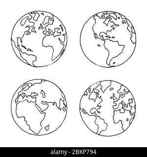 Handgezeichnete Kugel in vier Projektionen. Westliche und östliche, nördliche und südliche Hemisphären. Nicht gerade präzise Skizze der Weltkarte in schwarz und Stock Vektor