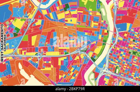 Bunte Vektorkarte von West Sacramento, Kalifornien, Vereinigte Staaten von Amerika. Art Map Vorlage für selbstdruckende Wandkunst im Querformat. Stock Vektor