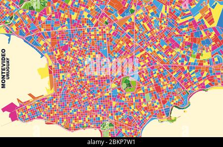 Bunte Vektorkarte von Montevideo, Uruguay. Art Map Vorlage für selbstdruckende Wandkunst im Querformat. Stock Vektor