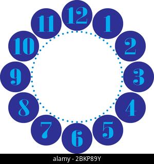 Zifferblatt giganteske Cyan Zahlen für die Stunden auf blauen Kreisen und blauen Hummeln auf Cyan für Sekunden auf transparentem Hintergrund Stock Vektor