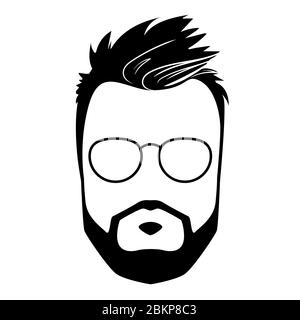 Stilvolle flache Ikone mit Mann Bart Gesicht mit Brille Silhouette. Avatar im Hipster-Stil. Kreative Frisur Vektor Illustration. Herren Barbier schwarzes Logo isoliert auf weißem Hintergrund. Zeichen für Kerl. Stock Vektor