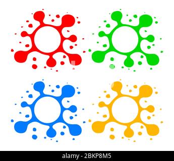 Stilisierte Blots mit Spritzern. Handgezeichnete Blots mit Leerzeichen in der Mitte. Blot-Symbole in rot grün blau und gelb Farben isoliert auf weiß. Blot de Stock Vektor