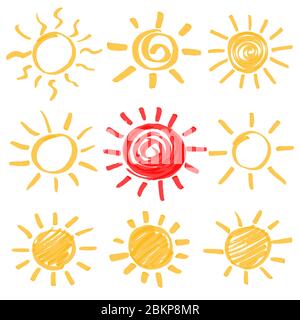 Markiertere Marker Sommer Sonne Design-Elemente. Set von Sonne Symbole Hand von gelben und roten Textmarker gezeichnet. Optimiert für Farbänderungen mit einem Klick. Ve Stock Vektor