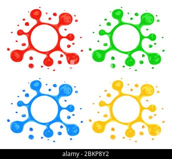 Stilisierte Blots mit Spritzern. Von Hand gezeichnet durch Markierungsblots. Blotensymbole in roten, grünen, blauen und gelben Farben isoliert auf weißem Hintergrund. Stock Vektor