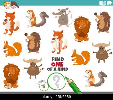 Cartoon-Illustration: Finden Sie Ein Bildspiel Mit Lustigen Wild-Tier-Figuren Stock Vektor