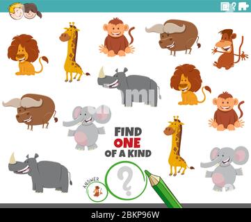 Cartoon Illustration von Finden Sie eine Art Bild pädagogische Aufgabe mit Funny Wild Animal Charaktere Stock Vektor