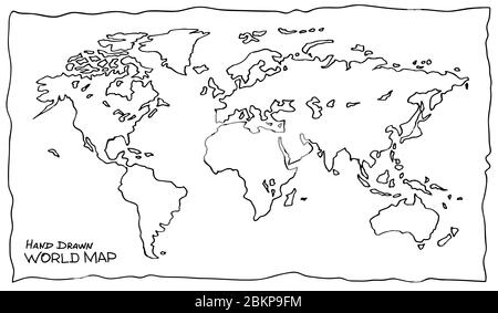 Handgezeichnete Karte der Welt. Nicht gerade präzise Skizze der globalen Karte in schwarz-weißen Farben. Skizzenhafte Erde mit Kontinenten und Ozeanen. Stock Vektor