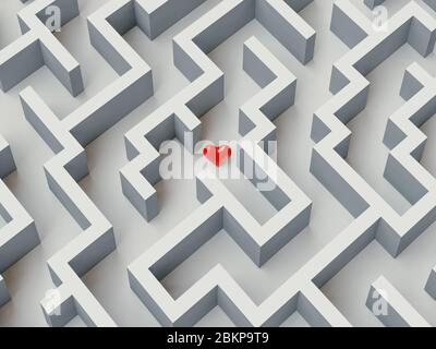 Die komplexe Welt der Emotionen. Rotes Herz in einem Labyrinth versteckt. Liebeskonzept. 3d-Rendering Stockfoto