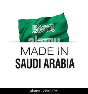 Made in Saudi Arabien - Garantie-Label mit einer winkenden Saudi-arabischen Flagge. 3D-Darstellung. Stockfoto