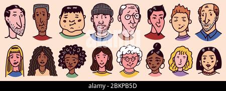 Verschiedene Gesichter von Menschen. Zeichensatz. Sammlung Menschlicher Avatare. Glückliche Emotionen. Porträt mit positivem Gesichtsausdruck. Männer und Frauen Stock Vektor