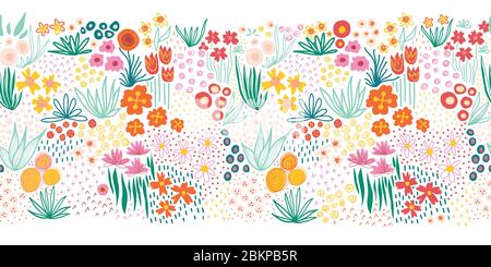 Doodle Blume Wiese nahtlose Vektor Kinder Grenze. Wiederholende bunte Linie Art Blumenmuster. Verwenden Sie für Stoffbesatz, Bänder, Kartendekor, Buchstaben Stock Vektor