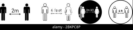 Soziale Distanzierung Satz von Symbolen. Einfache Mann oder Frau schwarz und weiß Silhouetten mit Pfeil Abstand zwischen. Kann während des Coronavirus covid-19 o verwendet werden Stock Vektor