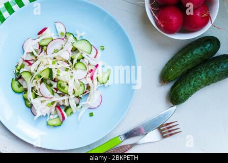 Gesunder Frühlingssalat mit Radieschen und Kohlgurken Stockfoto