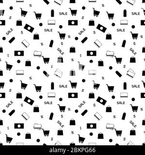Nahtloses Muster schwarz Doodle Shopping-Symbol auf weißem Hintergrund Stockfoto