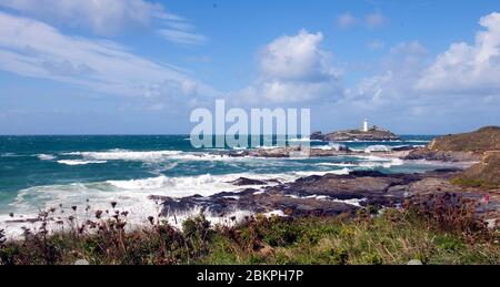 Godrevy Leuchtturm an der Nordküste von Cornwall, England, Großbritannien Stockfoto