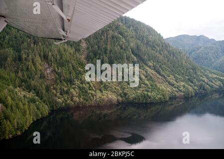 Eine Luftaufnahme eines pazifischen Einlasses und des Waldes und der Berge des Great Bear Rainforest, zentrale Küste, British Columbia, Kanada. Stockfoto