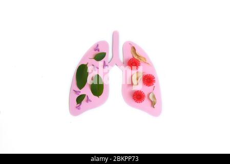 Coronavirus-Konzept. Papierlungen mit roten Kugeln. Minimal Paper Art. Welttuberkulosetag oder Weltlungstag Konzept. Rosa Loch Lungen als Symbol der hea Stockfoto