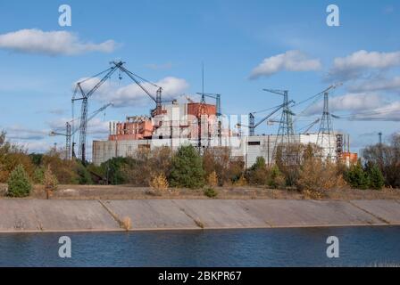 Der unvollendete Reaktor Nummer 5 im Kernkraftwerk Tschernobyl in der Ukraine Stockfoto