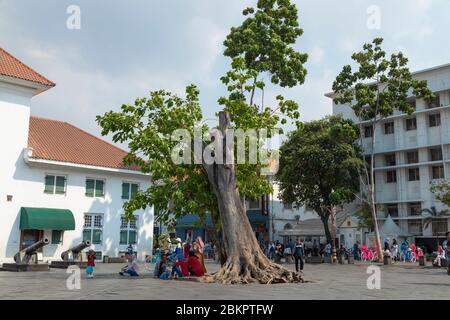 Jakarta, Indonesien - 15. Juli 2019: Ein großer Baum vor dem Jakarta History Museum auf dem Fatahillah Platz schattiert eine Familie, die auf dem Boden sitzt. Stockfoto