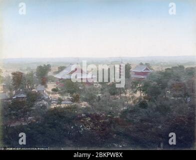 [ 1890er Jahre Japan - Sensoji Buddhist Temple, Tokyo ] - Panoramablick auf den buddhistischen Tempel von Sensoji (金龍山浅草寺) in Asakusa, Tokio. Der Fotograf hat dieses Foto aus Rounkaku (凌雲閣), Japans erstem Wolkenkratzer, besser bekannt als Junikai, oder Twelve Stories, aufgenommen. Als der Turm 1890 eröffnet wurde (Meiji 23), wurde dieses Foto irgendwann in den 1890er Jahren aufgenommen. Vintage Albumin-Fotografie aus dem 19. Jahrhundert. Stockfoto