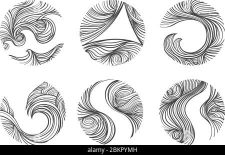 Wind und Curl Line Art in Kreis- und Eklipsenform. Stock Vektor