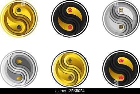 Set von symbolischen Blumen in Yin Yang Emblem. Design im Papierschnitt-Stil. Verwendung für Logo, dekorative, konzeptionelle Gestaltung, Kunstwerk. Japan Blumen, Thai Flo Stock Vektor