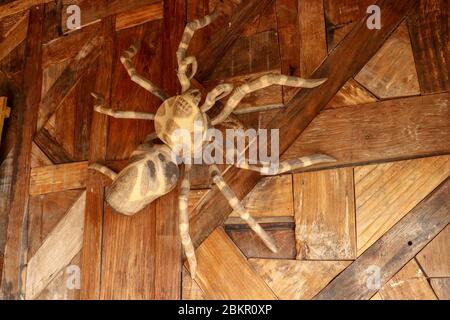 Große Tarantula an der Wand aus rauhen Hobelplanken. Statue riesige Spinne aus Holz. Braune Spielzeugspinne auf dem Holzboden. Selektiver Fokus. Stockfoto