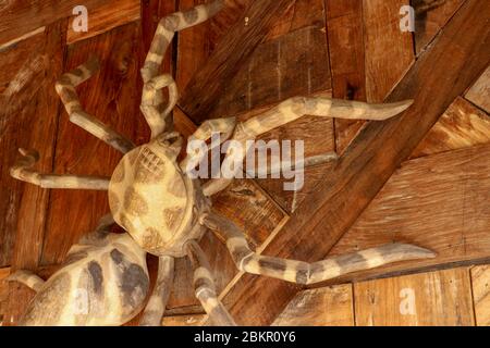 Große Tarantula an der Wand aus rauhen Hobelplanken. Statue riesige Spinne aus Holz. Braune Spielzeugspinne auf dem Holzboden. Selektiver Fokus. Stockfoto